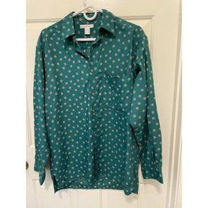 Claiborne Womens‎ Button Front Shirt Green White Floral Long Sleeve Pocket 8